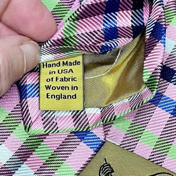 Hickey Freeman Silk Tie Men's | Pink Blue White Green Spring Check Hand Tailored - Picture 3 of 4